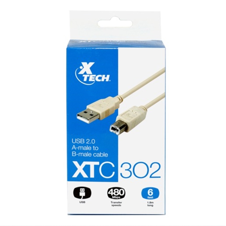 Cable Xtech USB a/b , 6 pies, beige para impresora