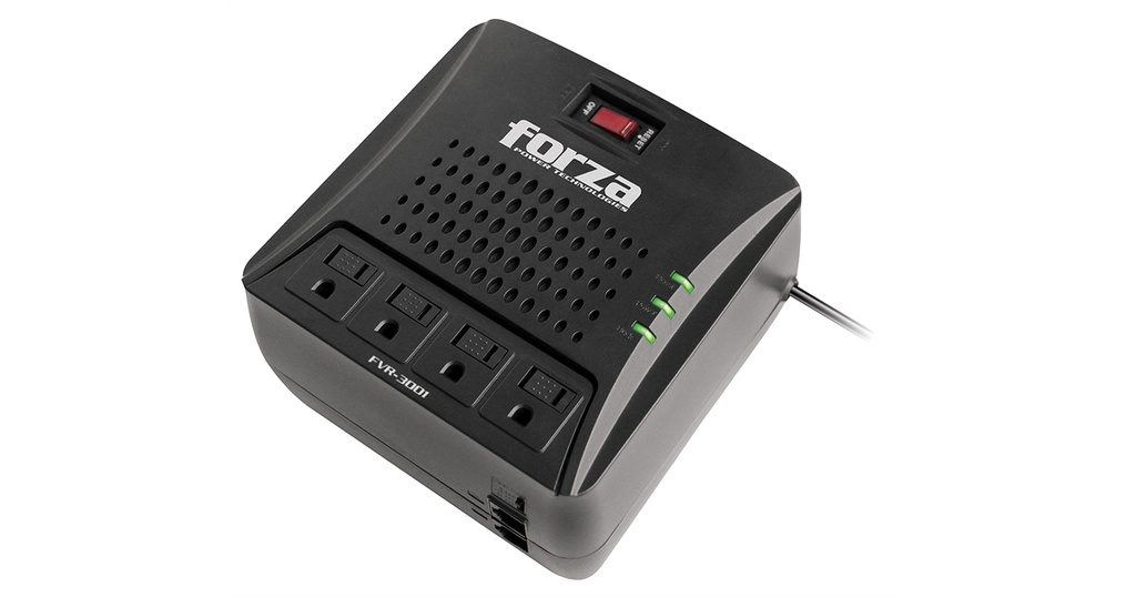 Regulador de voltaje forza 3000VA, regleta de 4XTOMAS 110V/1500W/900J, 2XRJ11/RJ45(IN,OUT)