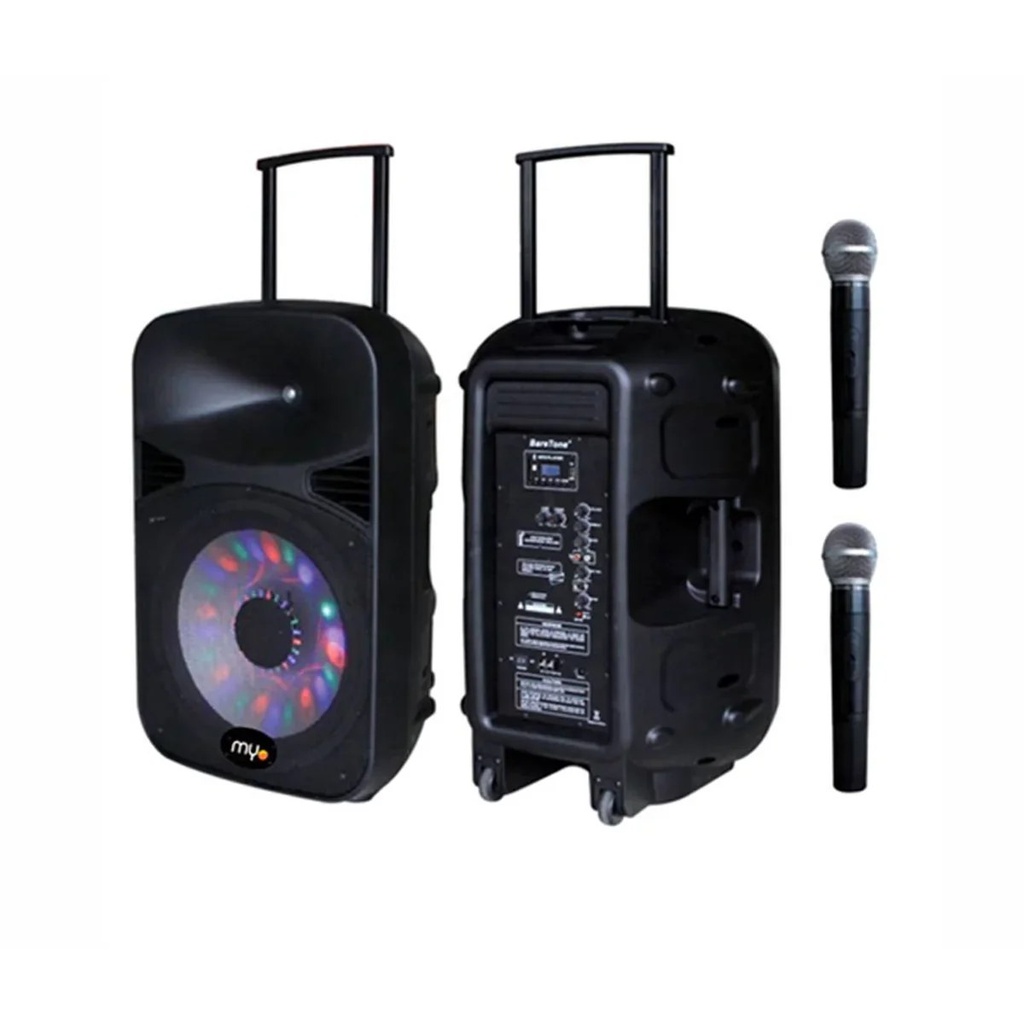 Bocina Myo 15" 2 microfono, portátil con batería 120W, con subwoofer, negras (Myo-15SPBAT)