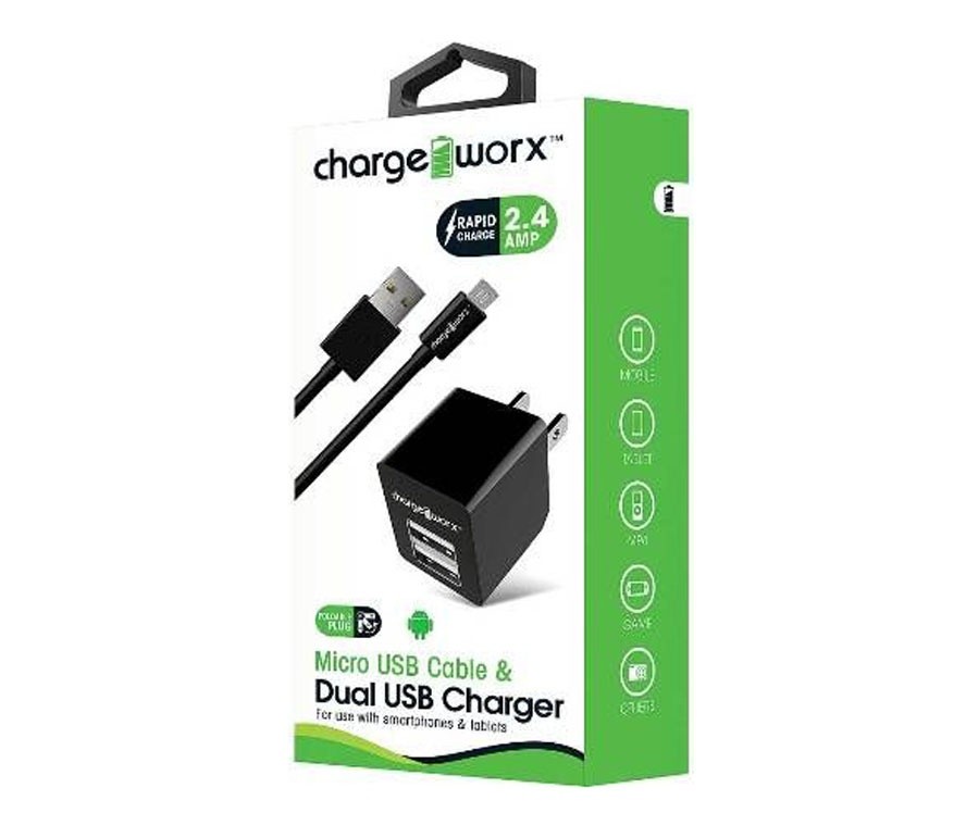 Cargador de pared dual USB (2.4AMP) + cable micro usb, Chargeworx para smartphones &