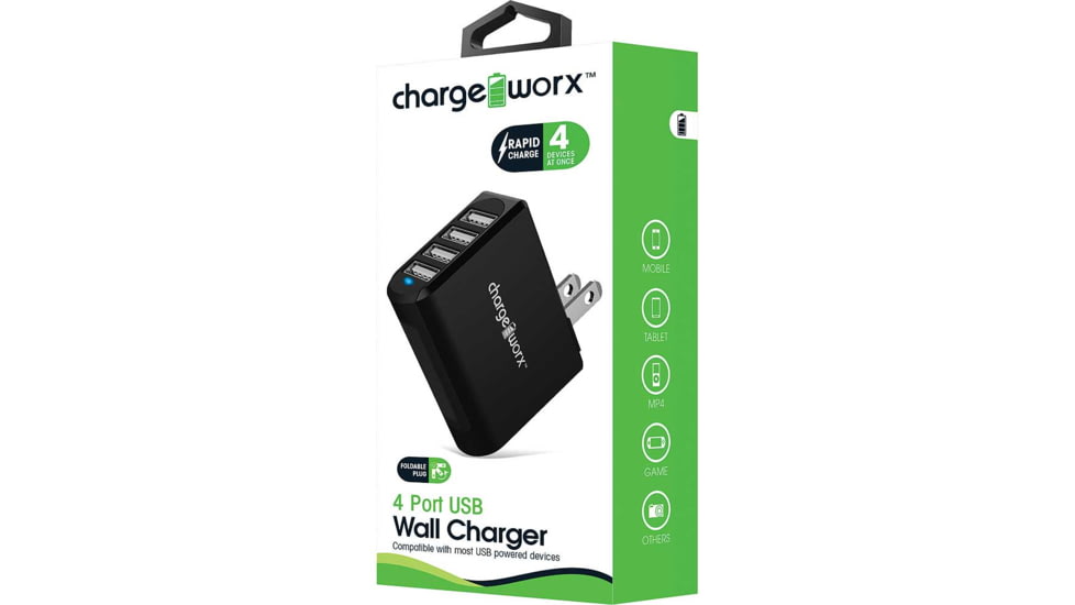 Cargador USB de 4 puertos (2.4AMP), Chargeworx compatible con dispositivo usb, negro