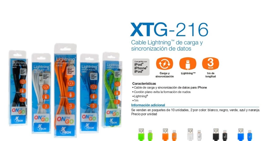Cable lightning USB Xtech 3FT para iphone, (XTG-216)