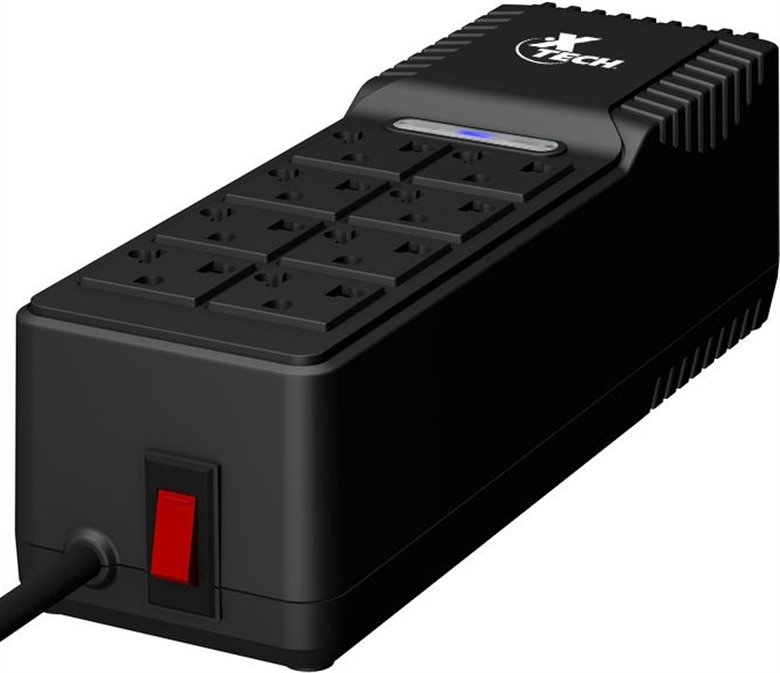 Regulador de voltaje Xtech con 8 tomas (4 con proteccion), 1000VA, 500 wattss negro