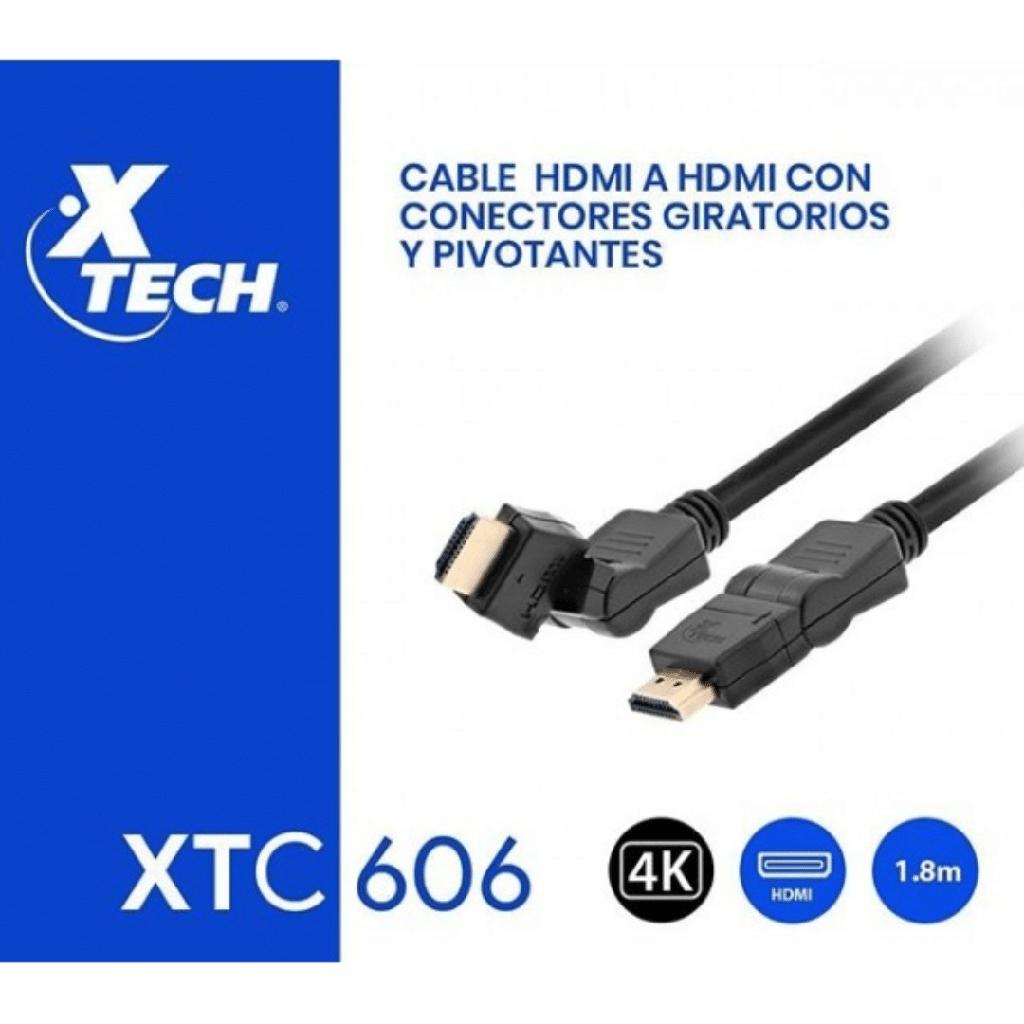 Cable Xtech HDMI 6FT inclinable y giratorio, de alta velocidad 4K, macho