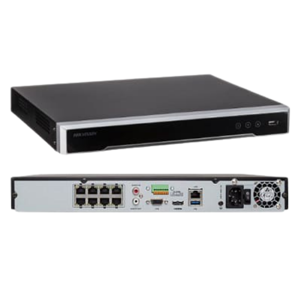 NVR Hikvision, 8 canales, 4K, 1U, 8MP, 8 poe, (3840 × 2160), 2 sata, up to 6TB