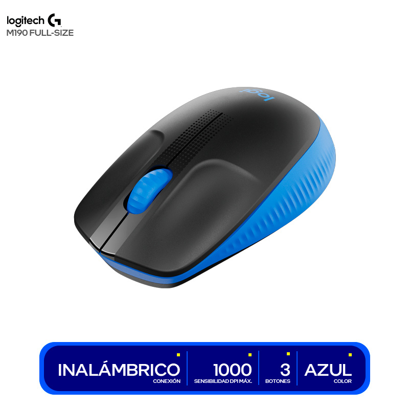 Mouse Logitech M190 inalámbrico optico, receptor usb, sensor 1000 dpi, azul