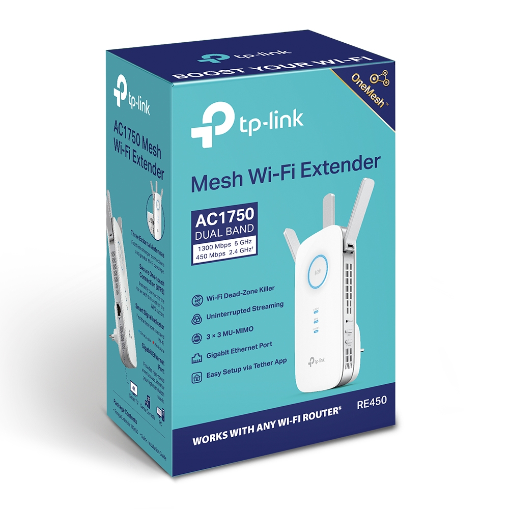 Repetidor TP-Link RE450, 2.4GHZ/450MBPS, 5GHZ/1300MBPS, 1 puerto gigabit LAN