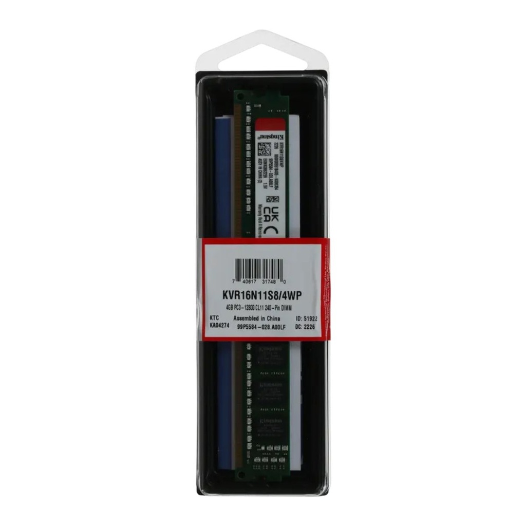 Memoria 4GB (1X4GB) Kingston, p/desktop, DDR3, 1600MHZ, PC3-12800, no-ecc, 1R, CL11, dimm