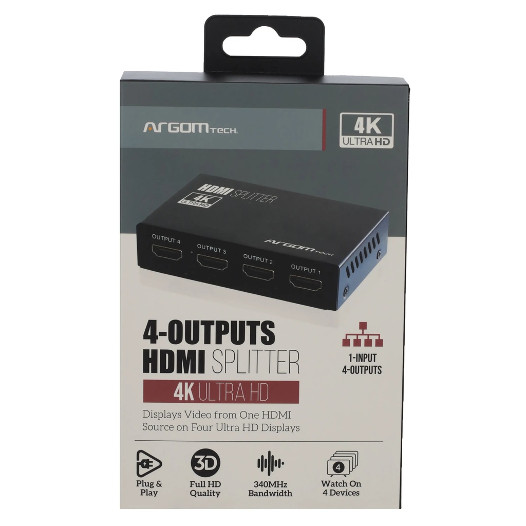 Splitter Argom HDMI 4 puertos 4K HD 3840X2160P at 60HZ, 10.2GBPS 340MHZ, 1 puerto de