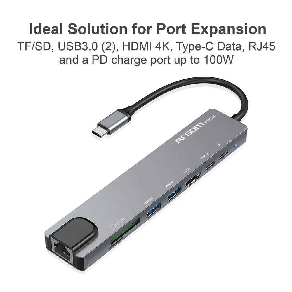 Hub USB Argom oneaxess tipo-C, 8 en 1, 2X USB 3.0, 1X hdmi, 2X tipo-c +PD slot, TF y SD