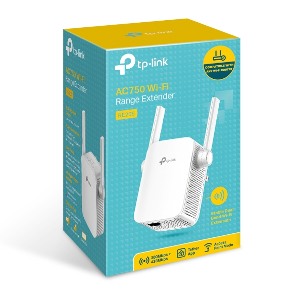 Repetidor TP-Link RE205, 2.4GHZ/300MBPS, 5GHZ/433MBPS, 1 puerto lan, 802.11AC/b/g/n/ac, WPS
