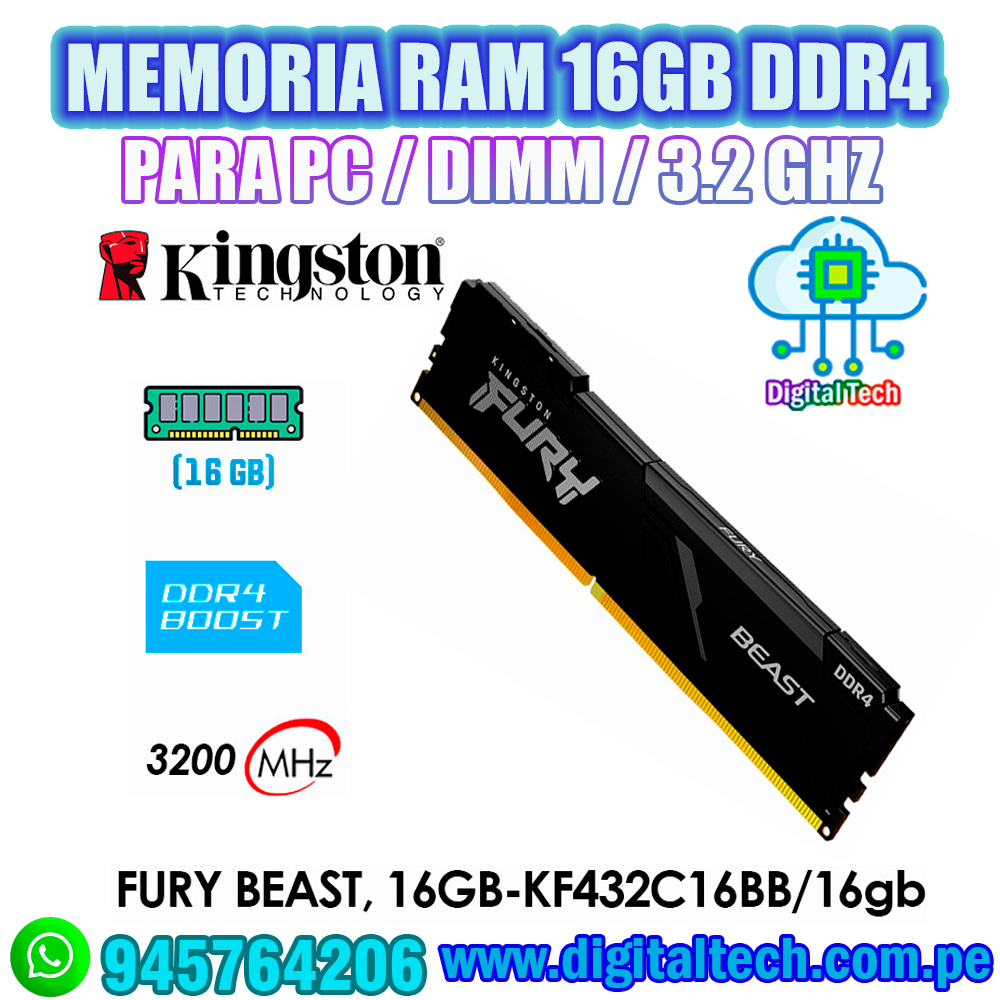 Memoria 16GB (1X16GB) Kingston, p/desktop, 3200MT/s DDR4 CL16 dimm fury beast black