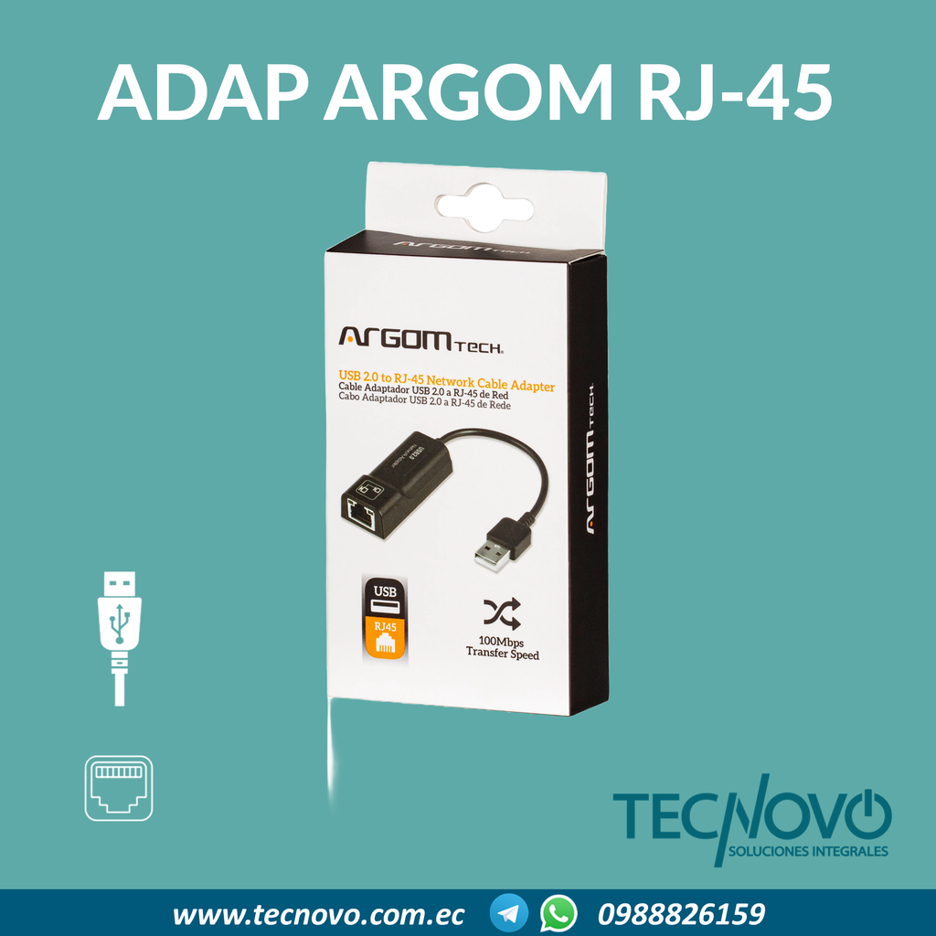 Adaptador USB 2.0 male to RJ45 Argom 100MBPS 6IN/15CM, arg-CB-0045