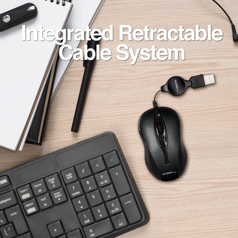 Mouse Argom usb, retráctil , resolución 1000 dpi, plug & play, ahorro de espacio, rodillo