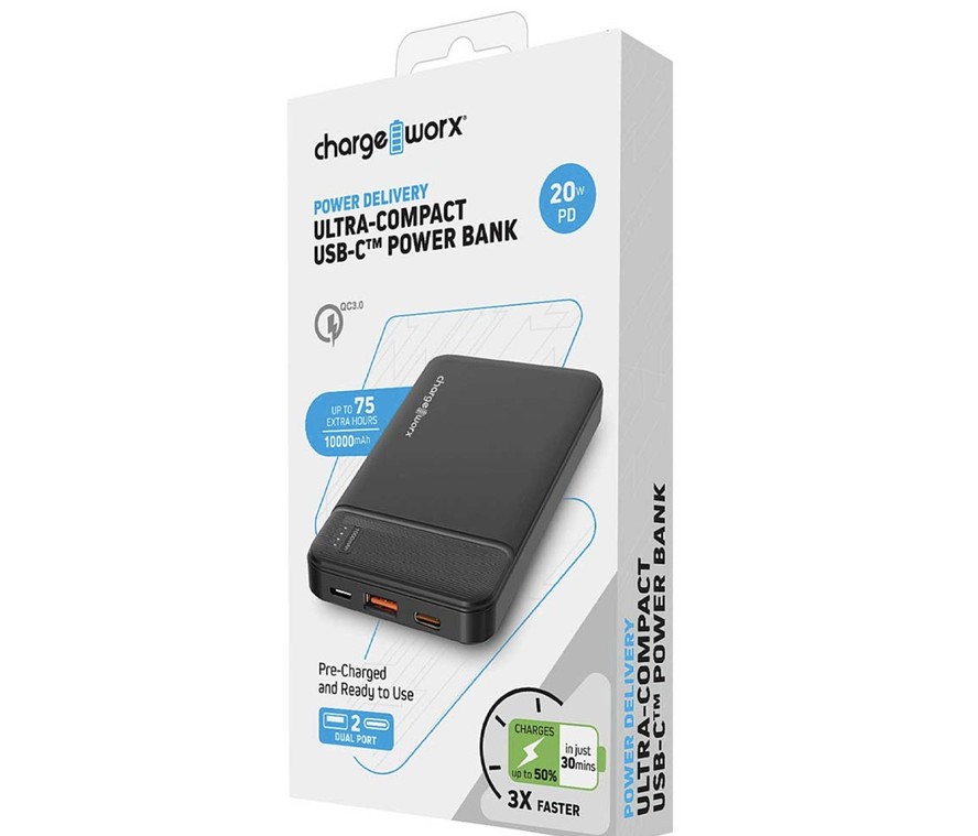 Cargador movil (power bank) compacto Chargeworx, 10,000MAH, 20W PD y QC, USB-C™ y usb, 2