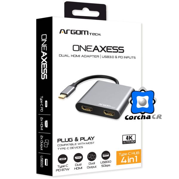 Adaptador Argom one axess USB-c to 2 puertos HDMI dual imput, 1 USB-c 3.0 87W PD y 1 USB-a