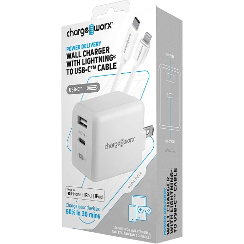 Cargador de pared dual Chargeworx USB-c 20W y USB-a 18W, BLANCO.(CX3099WH)