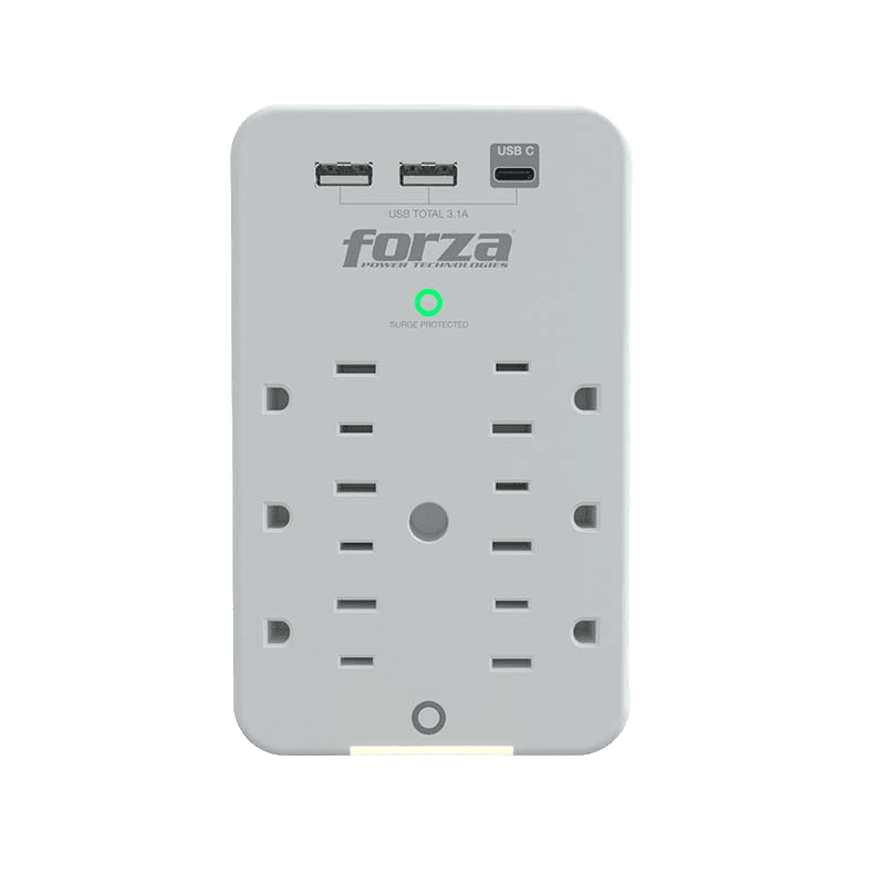 Tomacorriente forza, 6 tomas + 2 puertos USB-a + 1 USB-C, protector sobretensión, 110/220V