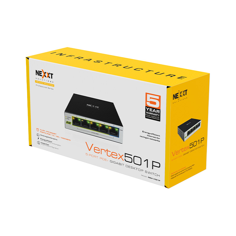 Switch de sobremesa Nexxt VERTEX501, 5 puertos poe+ gigabit, 65W max, (NSW-V501P)