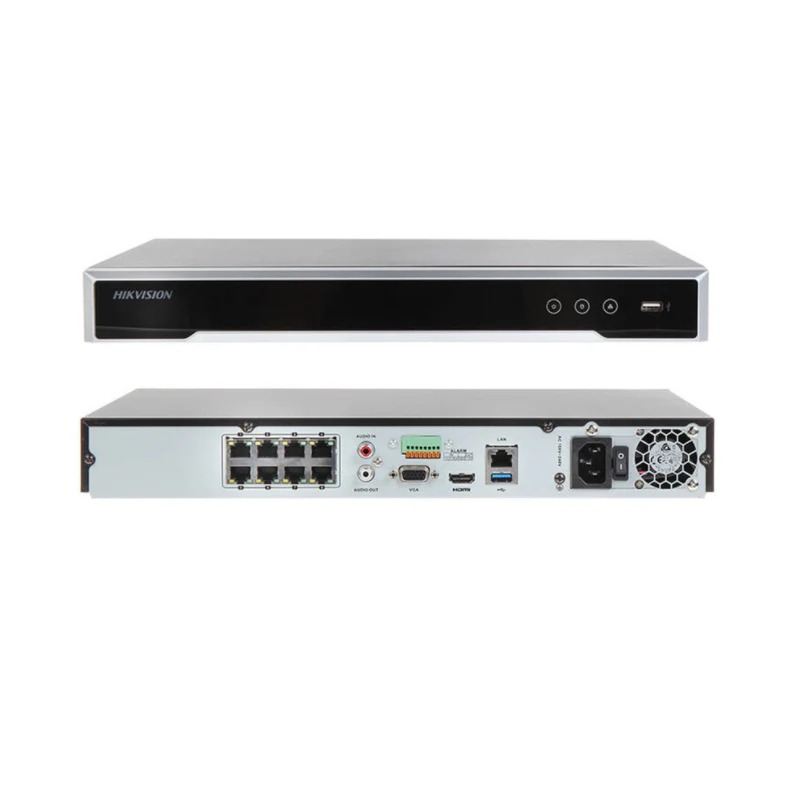 NVR Hikvision acusense, 8 canales, 4K, 1U, 8MP, 8 poe, (3840 × 2160), 1 sata, up to 10 TB
