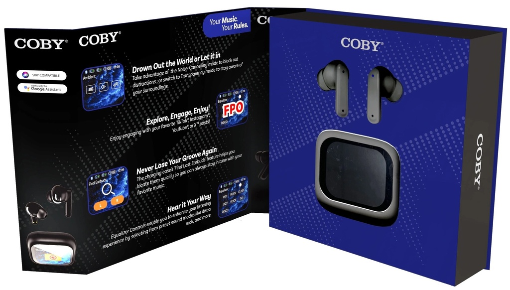 Audífono con microfono earpods coby, con estuche de visualización inteligente, control por
