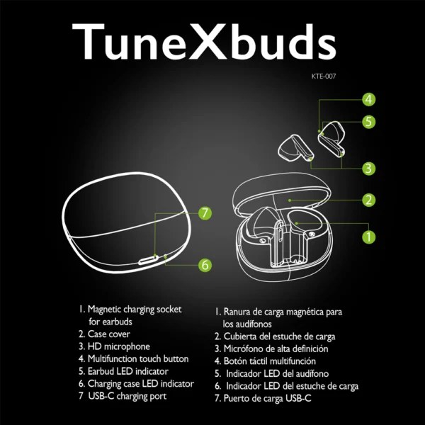 Audífono con microfono Klip Xtreme tunexbuds, bluetooth 5.0, 20 horas de reproduccion, estuche