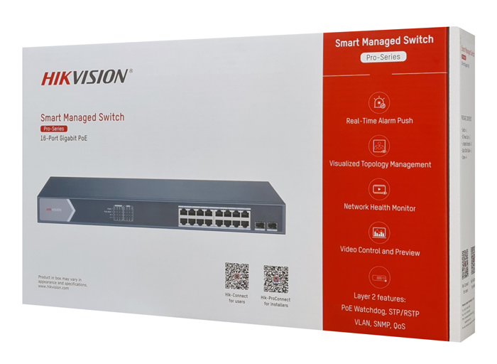 Switch 16 puertos Hikvision, 16 × gigabit poe, 300M (camara), protocolos de gestión de capa