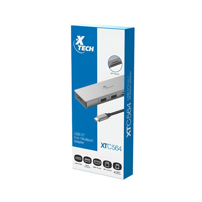 Hub USB-c Xtech multipuertos 5 en 1, 1X HDMI hembra 4K, 2X USB-a (2.0 / 3.0), lector de