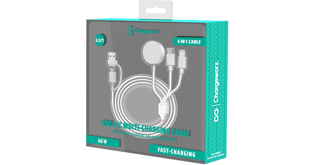 Cable Chargeworx para apple watch, 60 W, 6 en uno, 4FT, negro (CX4962WH)
