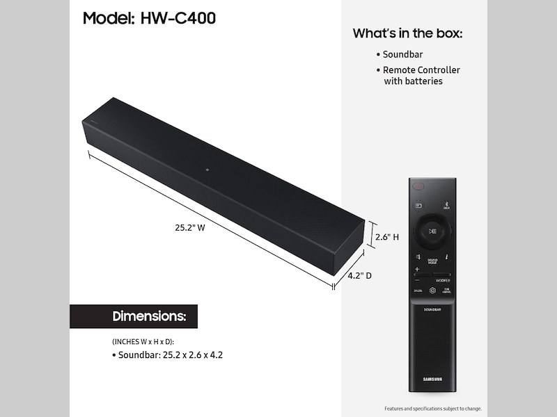 Bocina Samsung HW-C400 soundbar, wirless, 928.0X120.0X155MM, bluetooth, 20W, dolby 2CH