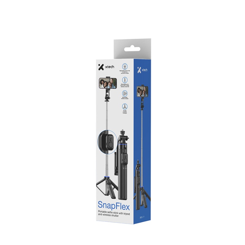 Selfie stick Xtech snapflex, con tripode y disparador wireless, BT 5.2, se extiende a 4.32
