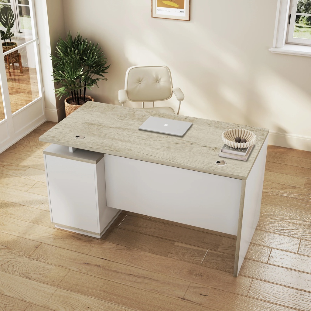 Escritorio Myo con base de metal, 3 cajones, gestión de cables, color beige y blanco (3