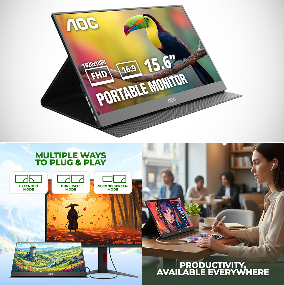 Monitor aoc 15.6" 16T20 portátil FHD (1920X1080) 60HZ, panel ips, 2 × USB-C, mini HDMI