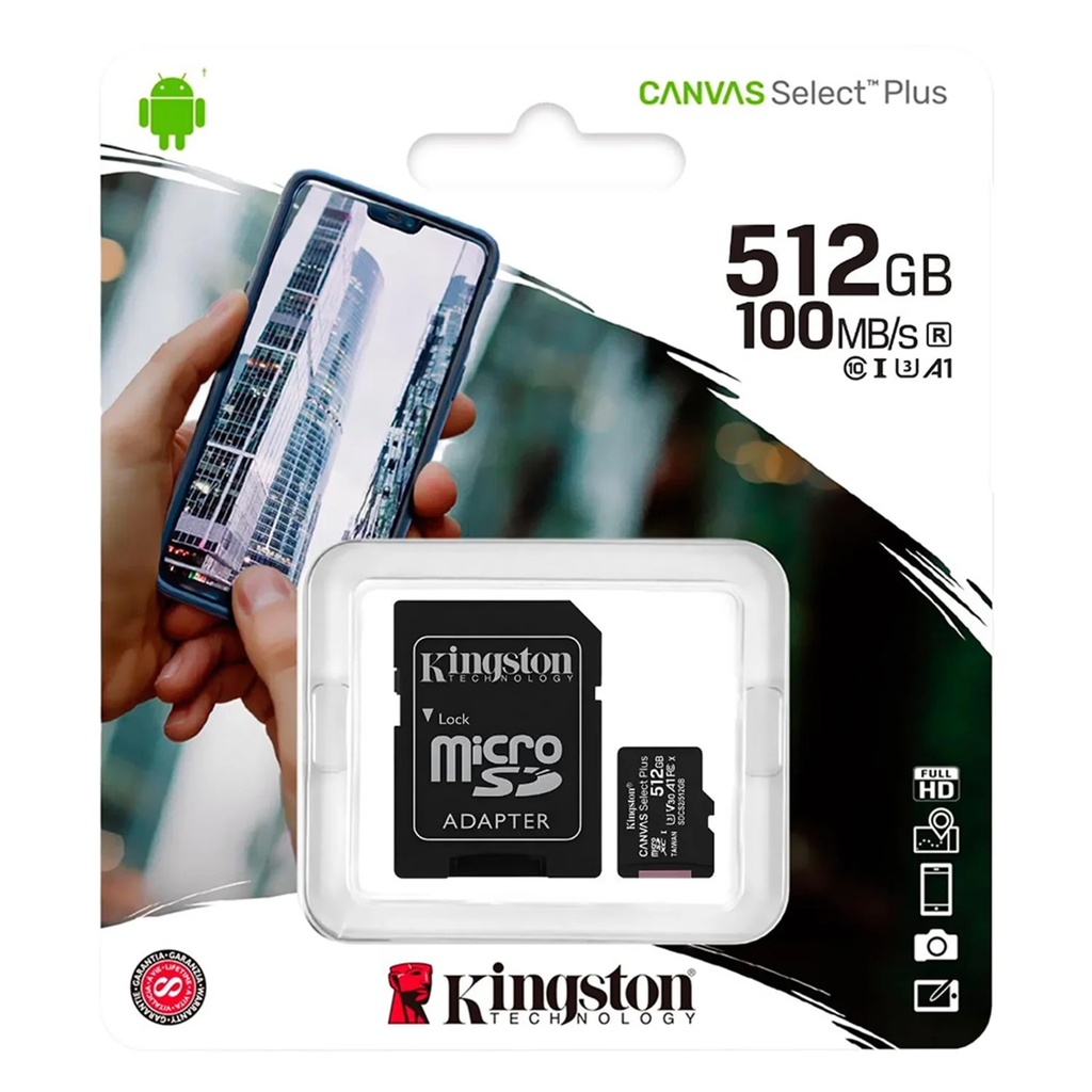 Memoria microsd 512GB Kingston, clase 10 uhs-1, A1, incluye adaptador SD
