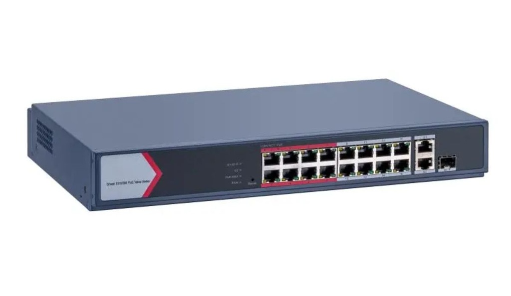 Switch 16 puertos Hikvision, 16 puertos 10/100 MBPS poe+, 300M (camara) 2 puertos SFP
