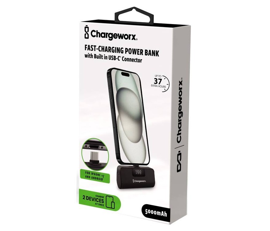 Cargador movil (mini power bank) Chargeworx, 5,000MAH, 10W, compatible con android, USB-c