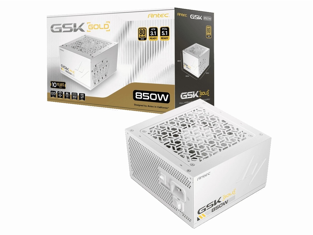 Power supply Antec GSK850 V2 us white, 850W, 80 plus gold, full modular para óptima gestión