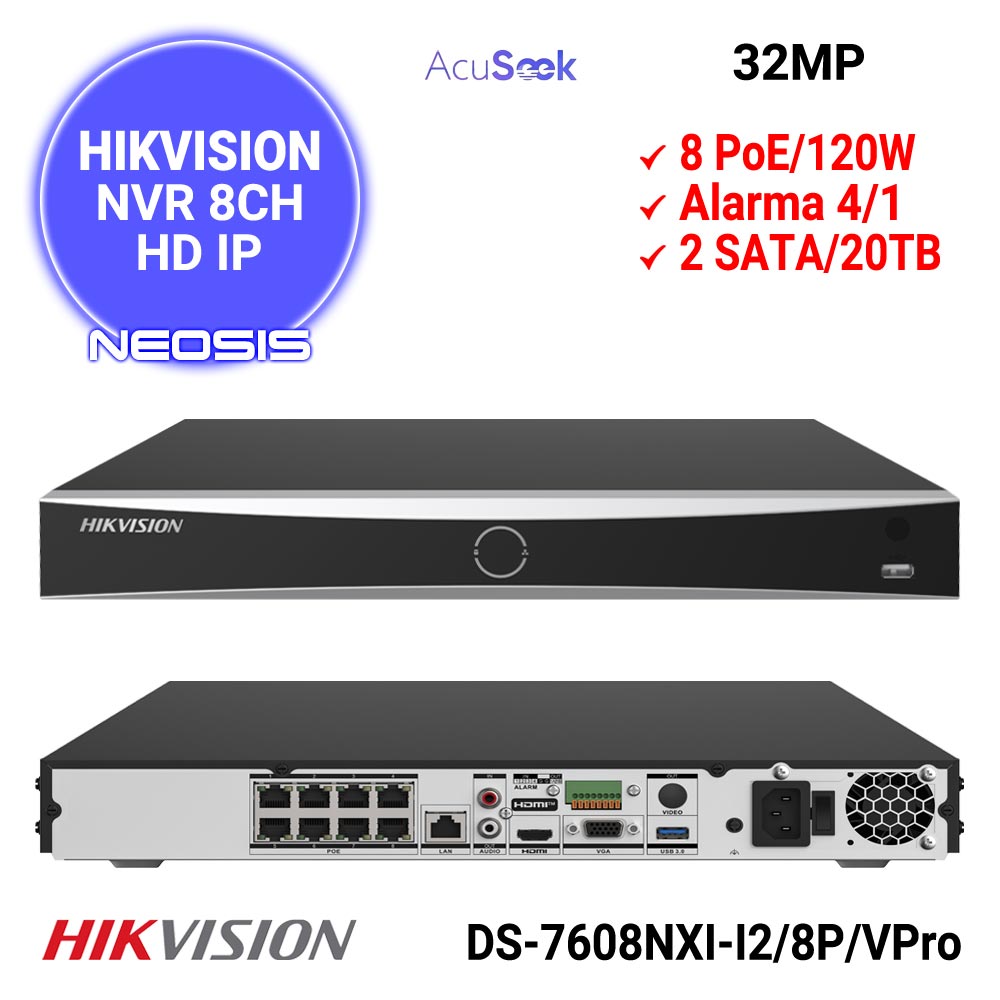 NVR Hikvision (8K), 8 canales ip, 8 puertos poe+, acusense , reconocimiento facial, pos, 2