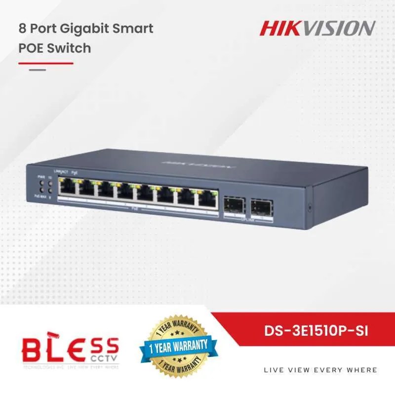 Switch 8 puertos Hikvision, 8 × gigabit poe, 2 x fibra óptica, soporta 300 cámaras