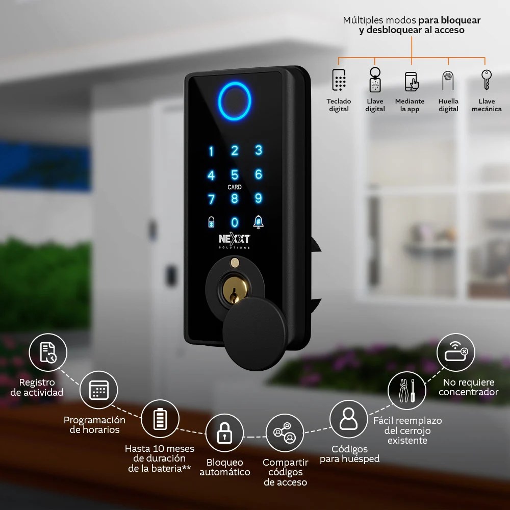 Cerradura para puerta smart wifi, Nexxt, teclado digital, funciona con applicacion, llave