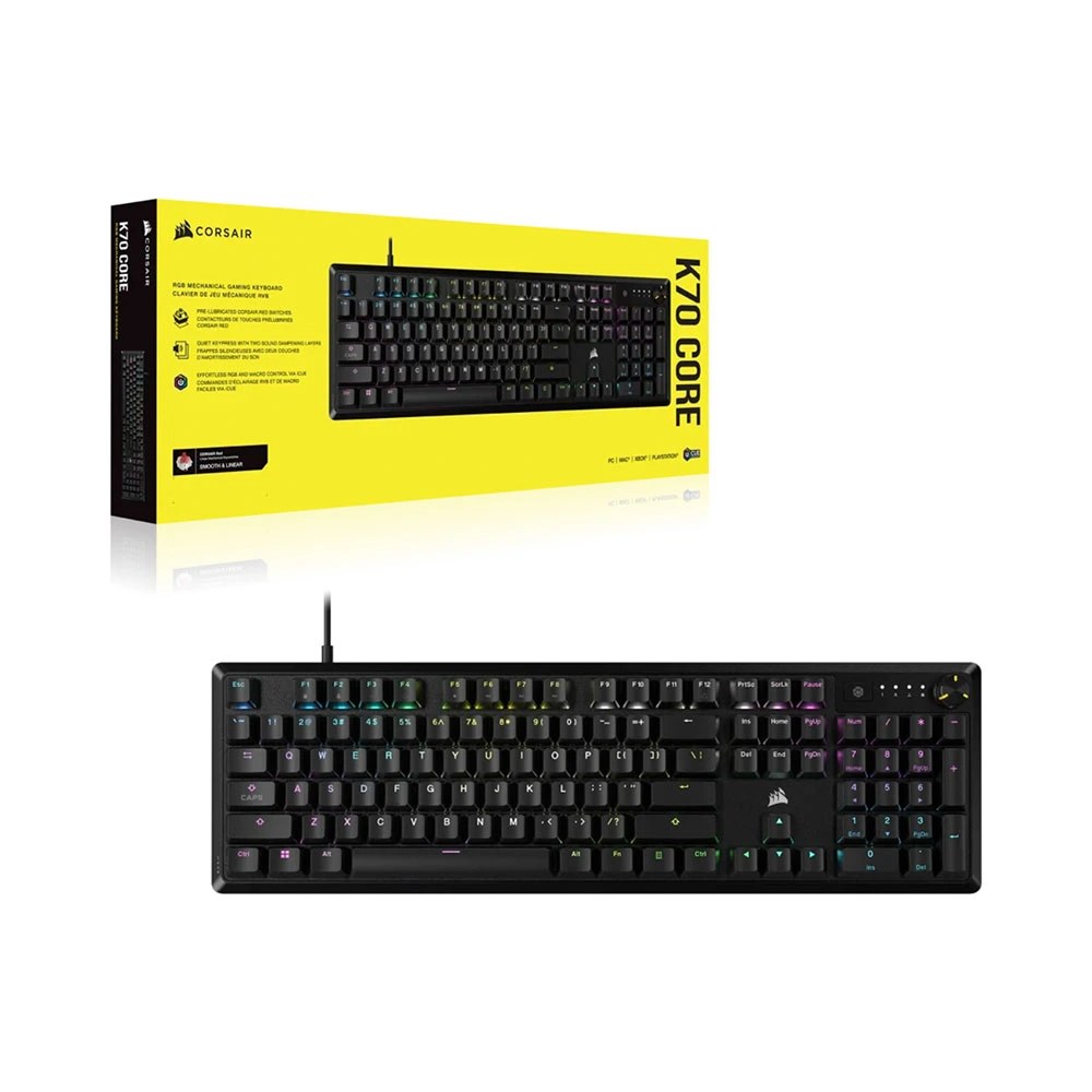 Teclado corsair K70 core RGB, gaming, mecanico, usb, 104 keys, icue, resistente a derrames