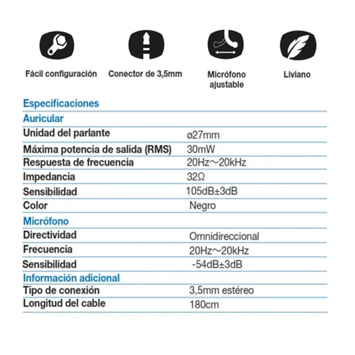 Audífono con microfono Xtech, 3.5MM (MM221XTK02)