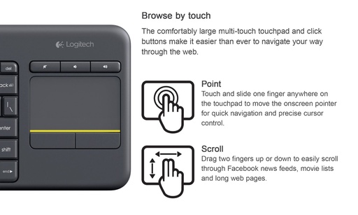 Teclado y touchpad Logitech K400 plus USB wireless receiver 2.4GHZ wireless, ingles negro