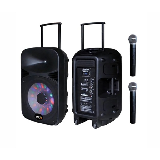Bocina Myo 15" 2 microfono, portátil con batería 120W, con subwoofer, negras (Myo-15SPBAT)