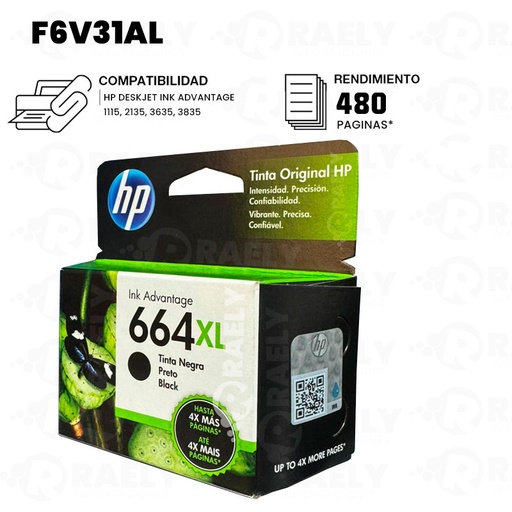 Cartucho HP 664XL F6V31AL negro alto rendimiento 8.5ML