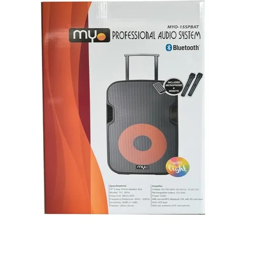 Bocina Myo 8" portátil con bateria, entrada de microfono, con subwoofer, lector SD, BT, MP3