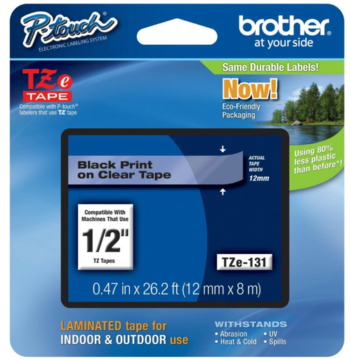 Cinta Brother tze-131 1/2" texto negro sobre transparente con adhesivo estandard (12MM /