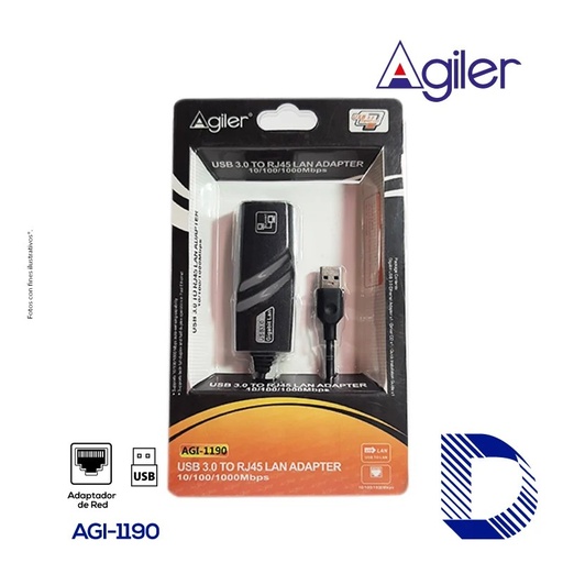 Adaptador de red USB 3.0 a RJ45 gigabit Agiler agi-1190, 100/1000MBPS