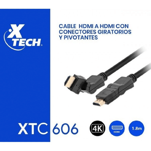 Cable Xtech HDMI 6FT inclinable y giratorio, de alta velocidad 4K, macho