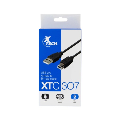 Cable USB a/b 2.0 Xtech, 6 pies, negro para impresora